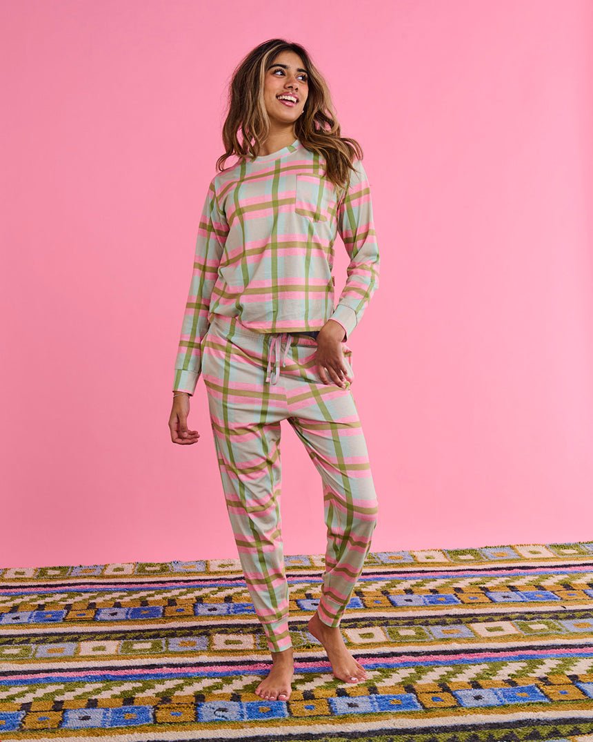 Find Pistachio Tartan Cotton Long Sleeve Top & Slouch Pant Pyjamas - Kip & Co at Bungalow Trading Co.