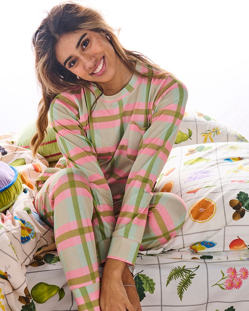 Find Pistachio Tartan Cotton Long Sleeve Top & Slouch Pant Pyjamas - Kip & Co at Bungalow Trading Co.