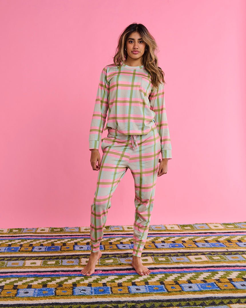 Find Pistachio Tartan Cotton Long Sleeve Top & Slouch Pant Pyjamas - Kip & Co at Bungalow Trading Co.
