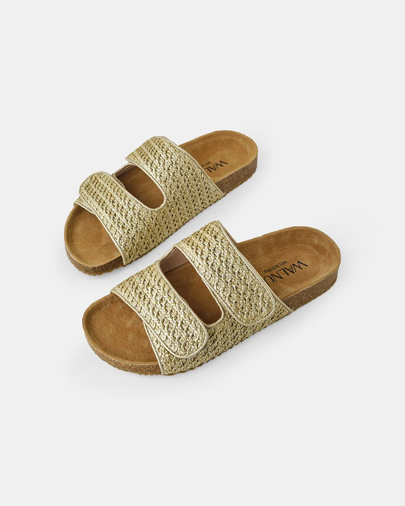 Find Raffia Beach Slide Soft Gold - Walnut Melbourne at Bungalow Trading Co.