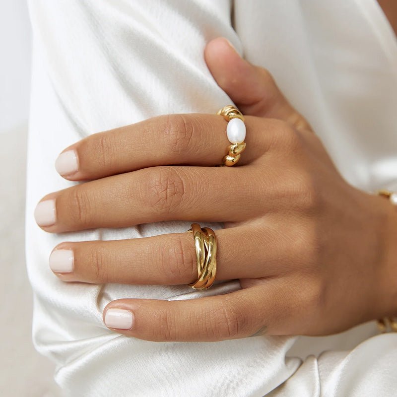 Find Riviera Gold and Pearl Ring - Arms of Eve at Bungalow Trading Co.