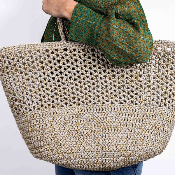 Find Romy Beige Gold Crochet Basket - French Bazaar at Bungalow Trading Co.