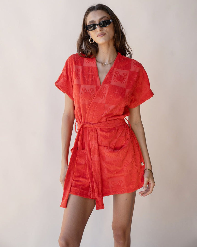 Find Seaside Terry Kimono Dress Lobster Red O/S - Araminta James at Bungalow Trading Co.