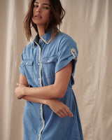 Find Simone Dress 70s Blue - Kireina at Bungalow Trading Co.