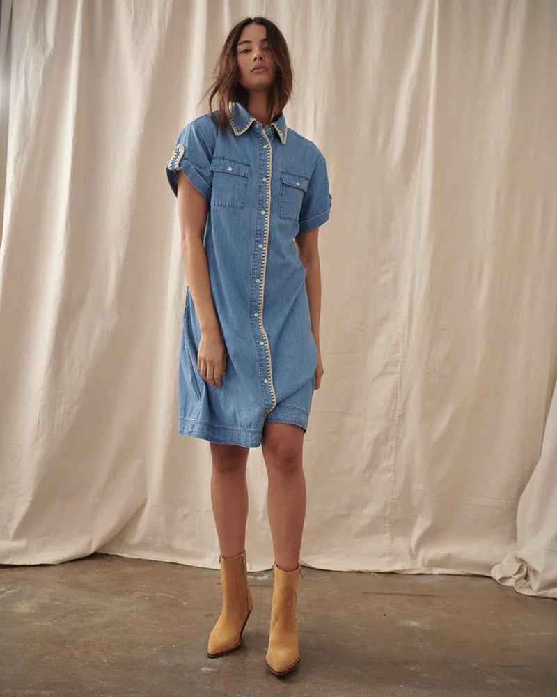 Find Simone Dress 70s Blue - Kireina at Bungalow Trading Co.