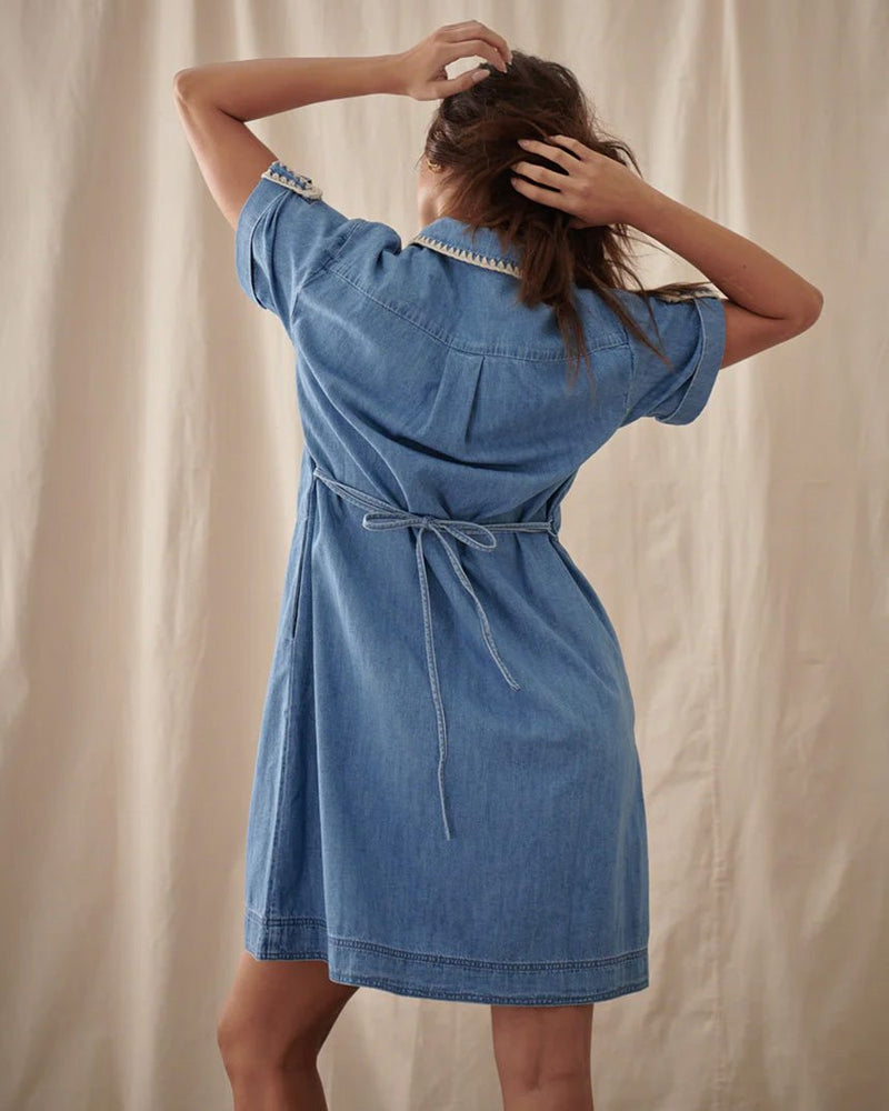 Find Simone Dress 70s Blue - Kireina at Bungalow Trading Co.