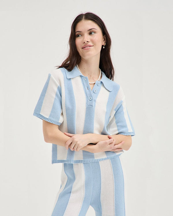 Find Striped Polo Knit Blue/Cream - Holiday Shop at Bungalow Trading Co.