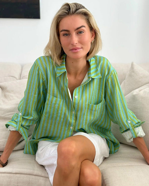 Find The Boyfriend Hut Linen Shirt Key Lime Stripe - Hut at Bungalow Trading Co.