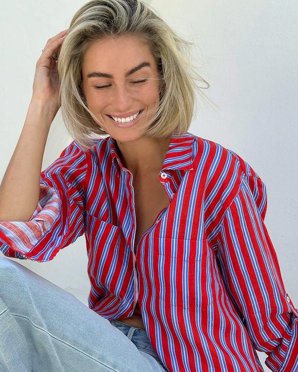 Find The Boyfriend Linen Shirt Montego Stripe - Hut at Bungalow Trading Co.