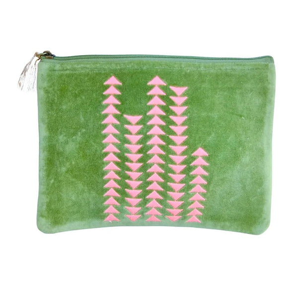 Find Velvet Clutch Light Olive with Pink Arrows - Zoda at Bungalow Trading Co.