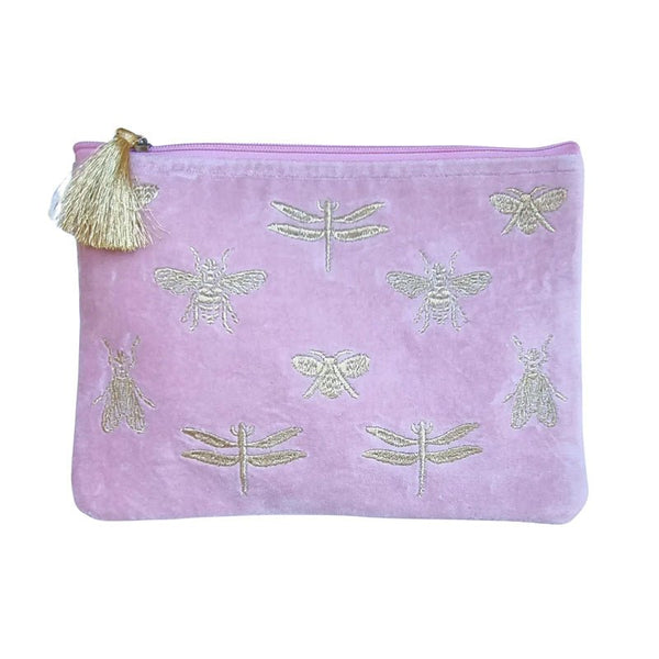 Find Velvet Clutch Pink with Large Gold Bees - Zoda at Bungalow Trading Co.