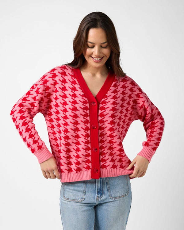 Find Xanthe Cardigan Houndstooth Red/Candy - Stella + Gemma at Bungalow Trading Co.