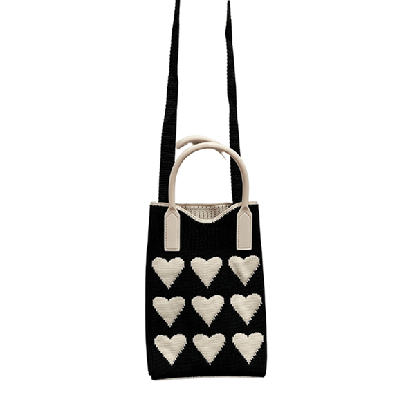 Find Mini Knit Phone Crossbody Black White Hearts - Bungalow Trading Co. at Bungalow Trading Co.