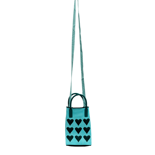 Find Mini Knit Phone Crossbody Blue Green Hearts - Bungalow Trading Co. at Bungalow Trading Co.