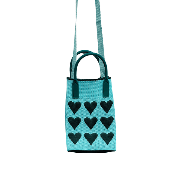 Find Mini Knit Phone Crossbody Blue Green Hearts - Bungalow Trading Co. at Bungalow Trading Co.