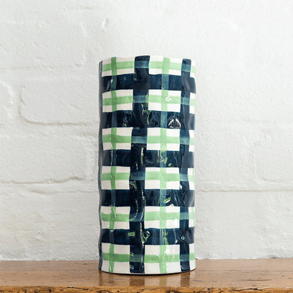 Find Navy and Mint Gingham Vase Large - Noss at Bungalow Trading Co.