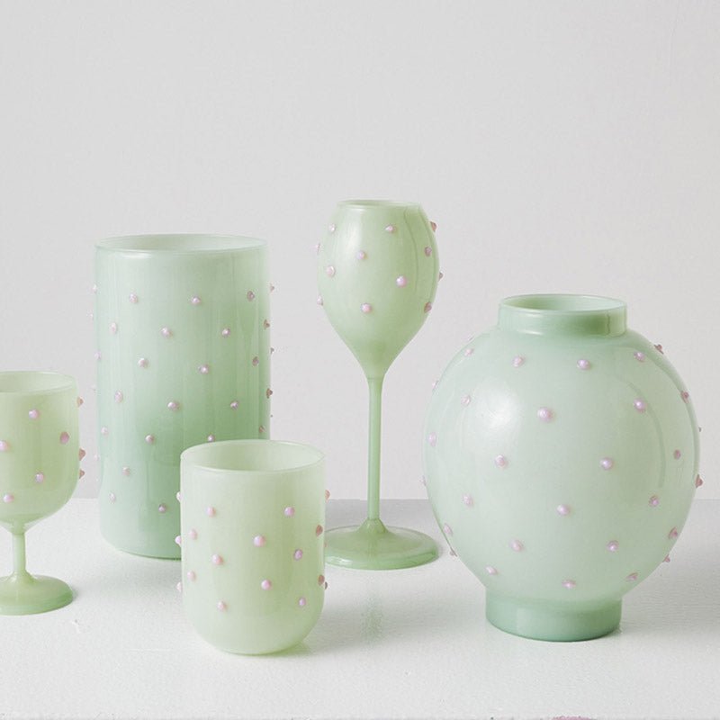 Find Pistachio Polkadot Champagne Glass Set of 2 - Kip & Co at Bungalow Trading Co.