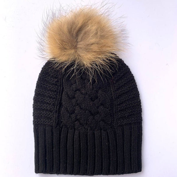 Find Up For Anything Beanie Fur Pom Pom Black - Love Kate at Bungalow Trading Co.