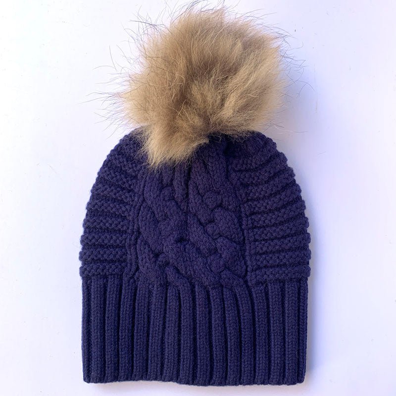 Find Up For Anything Beanie Fur Pom Pom Dark Denim - Love Kate at Bungalow Trading Co.