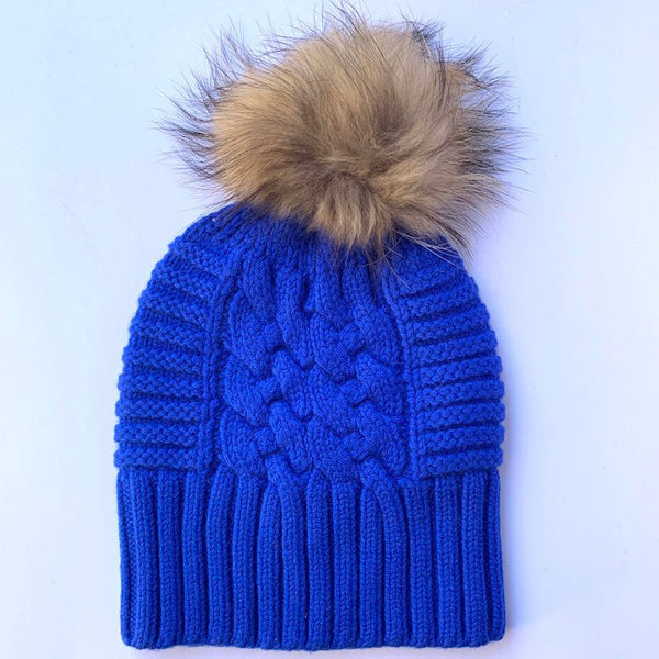 Find Up For Anything Beanie Fur Pom Pom Royal - Love Kate at Bungalow Trading Co.